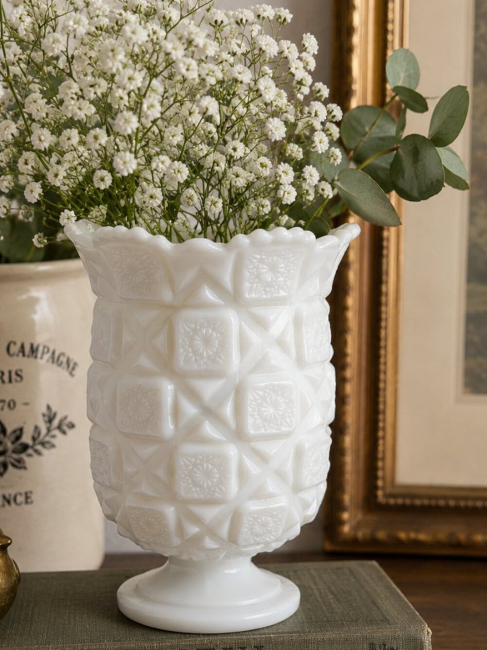 Veg Westmoreland Old Quilt Celery Milk Glass Vase Footed Pedestal White Pressed